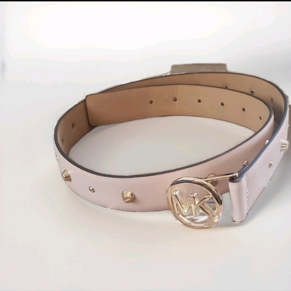 Michael Kors Leather Studded Monogram Buckle Wide Belt - Picture 5 of 6